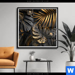 Poster Palmenblaetter Schwarz Gold Quadrat Produktvorschau mit dem Bild Palmenblätter Schwarz Gold im Format Quadrat.