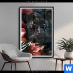 Poster Panther Und Rote Blueten Hochformat Produktvorschau mit dem Bild Panther und rote Blüten im Format Hochformat.