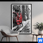 Poster Rotes Fahrrad In Gasse Hochformat Produktvorschau mit dem Bild Rotes Fahrrad in Gasse im Format Hochformat.