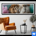 Poster Sanfte Loewenmomente In Buntem Nebel Panorama Produktvorschau mit dem Bild Sanfte Löwenmomente in buntem Nebel im Format Panorama.