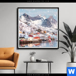Poster Skandinavisches Dorf Im Schnee Quadrat Produktvorschau mit dem Bild Skandinavisches Dorf im Schnee im Format Quadrat.
