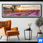 Poster Sonnenaufgang Im Lavendelfeld Panorama Produktvorschau mit dem Bild Sonnenaufgang im Lavendelfeld im Format Panorama.