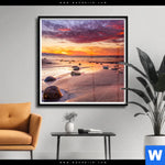 Poster Sonnenuntergang Am Strand Mit Felsen Quadrat Produktvorschau mit dem Bild Sonnenuntergang am Strand mit Felsen im Format Quadrat.
