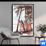 Poster Surfbretter Und Palmen Hochformat Produktvorschau mit dem Bild Surfbretter und Palmen im Format Hochformat.