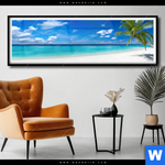 Poster Weisser Strand Kokospalme Panorama Produktvorschau mit dem Bild Weißer Strand & Kokospalme im Format Panorama.
