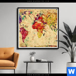 Poster Weltkarte Retro Bunt Quadrat Produktvorschau mit dem Bild Weltkarte Retro Bunt im Format Quadrat.
