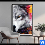 Poster Wolf Mit Bunten Farbspritzern Hochformat Produktvorschau mit dem Bild Wolf mit bunten Farbspritzern im Format Hochformat.