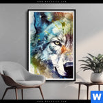 Poster Wolf Mit Bunten Farbspritzern No 2 Hochformat Produktvorschau mit dem Bild Wolf mit bunten Farbspritzern No. 2 im Format Hochformat.