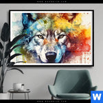 Poster Wolf Mit Bunten Farbspritzern No 2 Querformat Produktvorschau mit dem Bild Wolf mit bunten Farbspritzern No. 2 im Format Querformat.