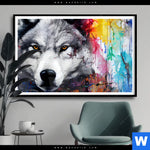 Poster Wolf Mit Bunten Farbspritzern Querformat Produktvorschau mit dem Bild Wolf mit bunten Farbspritzern im Format Querformat.