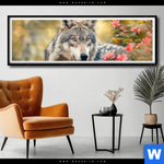 Poster Wolfsblick Im Fruehling Panorama Produktvorschau mit dem Bild Wolfsblick im Frühling im Format Panorama.