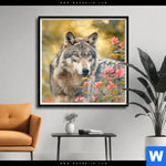 Poster Wolfsblick Im Fruehling Quadrat Produktvorschau mit dem Bild Wolfsblick im Frühling im Format Quadrat.