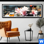 Poster Zen Steine Mit Blumen Panorama Produktvorschau mit dem Bild Zen Steine mit Blumen im Format Panorama.