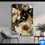 Spannbild Blueten Gold Weiss Schwarz Hochformat Produktvorschau mit dem Bild Blüten Gold Weiß Schwarz im Format Hochformat.