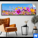 Spannbild Blumenwiese Unter Blauem Himmel Panorama Produktvorschau mit dem Bild Blumenwiese unter blauem Himmel im Format Panorama.