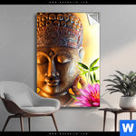 Spannbild Buddha Kopf Seerose Hochformat Produktvorschau mit dem Bild Buddha Kopf & Seerose im Format Hochformat.