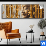 Spannbild Buddha Statue Im Goldenen Bambus Panorama Produktvorschau mit dem Bild Buddha-Statue im goldenen Bambus im Format Panorama.