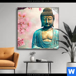 Spannbild Buddha Statue Mit Kirschblueten Quadrat Produktvorschau mit dem Bild Buddha Statue mit Kirschblüten im Format Quadrat.