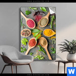 Spannbild Bunte Gewuerze In Holzloeffeln Hochformat Produktvorschau mit dem Bild Bunte Gewürze in Holzlöffeln im Format Hochformat.