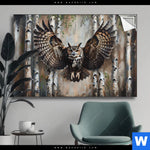 Spannbild Eule Im Birkenwald Querformat Produktvorschau mit dem Bild Eule im Birkenwald im Format Querformat.