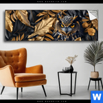 Spannbild Eule Und Goldene Blaetter Panorama Produktvorschau mit dem Bild Eule und goldene Blätter im Format Panorama.