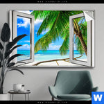 Spannbild Fensterblick Karibik Palme Querformat Produktvorschau mit dem Bild Fensterblick Karibik Palme im Format Querformat.