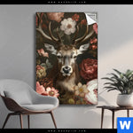 Spannbild Friedlicher Hirsch Und Blueten Hochformat Produktvorschau mit dem Bild Friedlicher Hirsch und Blüten im Format Hochformat.