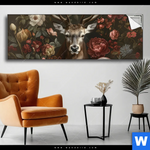 Spannbild Friedlicher Hirsch Und Blueten Panorama Produktvorschau mit dem Bild Friedlicher Hirsch und Blüten im Format Panorama.