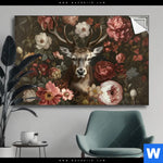 Spannbild Friedlicher Hirsch Und Blueten Querformat Produktvorschau mit dem Bild Friedlicher Hirsch und Blüten im Format Querformat.