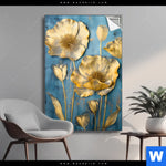 Spannbild Goldene Blumen Auf Blau Hochformat Produktvorschau mit dem Bild Goldene Blumen auf Blau im Format Hochformat.