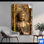 Spannbild Goldener Buddha Im Bambuswald Hochformat Produktvorschau mit dem Bild Goldener Buddha im Bambuswald im Format Hochformat.