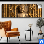 Spannbild Goldener Buddha Im Bambuswald Panorama Produktvorschau mit dem Bild Goldener Buddha im Bambuswald im Format Panorama.