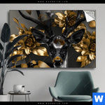 Spannbild Junger Hirsch Und Goldblumen Querformat Produktvorschau mit dem Bild Junger Hirsch und Goldblumen im Format Querformat.