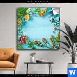 Spannbild Kraeuter Auf Blauem Holztisch Quadrat Produktvorschau mit dem Bild Kräuter auf blauem Holztisch im Format Quadrat.