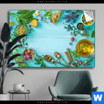 Spannbild Kraeuter Auf Blauem Holztisch Querformat Produktvorschau mit dem Bild Kräuter auf blauem Holztisch im Format Querformat.