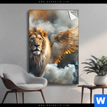 Spannbild Loewe Mit Goldenen Fluegeln Hochformat Produktvorschau mit dem Bild Löwe mit goldenen Flügeln im Format Hochformat.