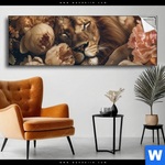 Spannbild Loewe Schlaeft In Blueten Panorama Produktvorschau mit dem Bild Löwe schläft in Blüten im Format Panorama.