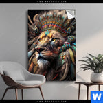 Spannbild Loewenkopf Mit Bunten Federn Hochformat Produktvorschau mit dem Bild Löwenkopf mit bunten Federn im Format Hochformat.