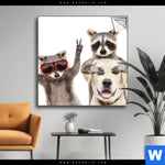 Spannbild Lustige Waschbaeren Mit Hund Quadrat Produktvorschau mit dem Bild Lustige Waschbären mit Hund im Format Quadrat.