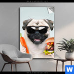 Spannbild Lustiger Hund Mit Burger Hochformat Produktvorschau mit dem Bild Lustiger Hund mit Burger im Format Hochformat.