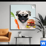 Spannbild Lustiger Hund Mit Burger Quadrat Produktvorschau mit dem Bild Lustiger Hund mit Burger im Format Quadrat.