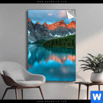 Spannbild Moraenensee Sonnenaufgang Hochformat Produktvorschau mit dem Bild Moränensee Sonnenaufgang im Format Hochformat.