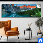Spannbild Moraenensee Sonnenaufgang Panorama Produktvorschau mit dem Bild Moränensee Sonnenaufgang im Format Panorama.