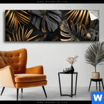 Spannbild Palmenblaetter Schwarz Gold Panorama Produktvorschau mit dem Bild Palmenblätter Schwarz Gold im Format Panorama.