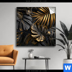 Spannbild Palmenblaetter Schwarz Gold Quadrat Produktvorschau mit dem Bild Palmenblätter Schwarz Gold im Format Quadrat.