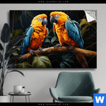 Spannbild Papageien Auf Einem Ast Querformat Produktvorschau mit dem Bild Papageien auf einem Ast im Format Querformat.