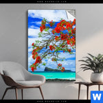 Spannbild Rote Blueten Und Tuerkisfarbenes Meer Hochformat Produktvorschau mit dem Bild Rote Blüten und Türkisfarbenes Meer im Format Hochformat.