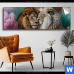 Spannbild Sanfte Loewenmomente In Buntem Nebel Panorama Produktvorschau mit dem Bild Sanfte Löwenmomente in buntem Nebel im Format Panorama.