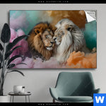 Spannbild Sanfte Loewenmomente In Buntem Nebel Querformat Produktvorschau mit dem Bild Sanfte Löwenmomente in buntem Nebel im Format Querformat.