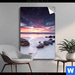 Spannbild Sonnenaufgang Am Strand Mit Felsen Hochformat Produktvorschau mit dem Bild Sonnenaufgang am Strand mit Felsen im Format Hochformat.